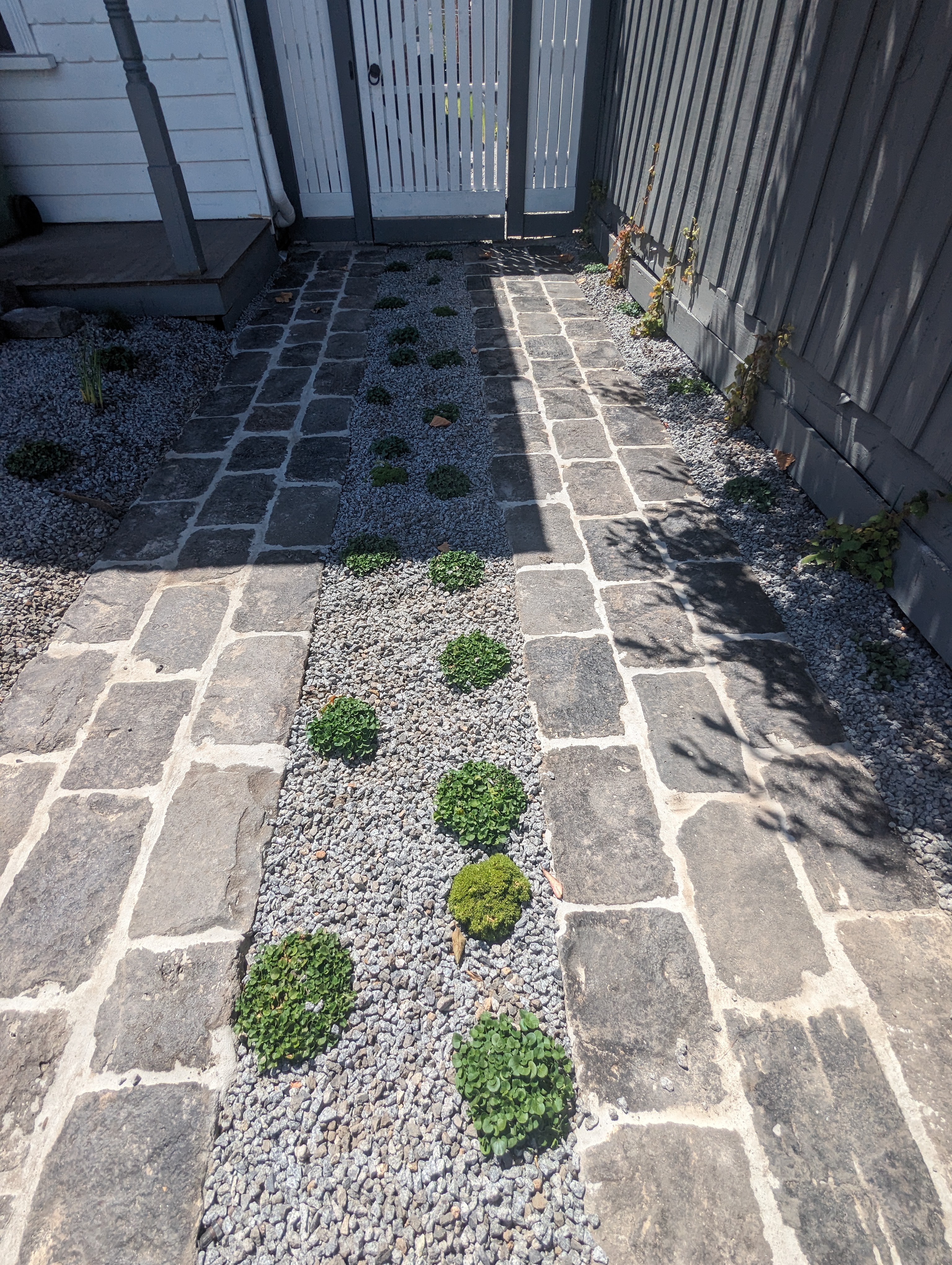 Large bluestone pavers laid in stretcher bond on a driveway